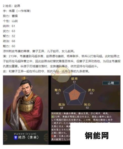 三国志14-赵昂五维属性图一览-英勇将领的全方位解析