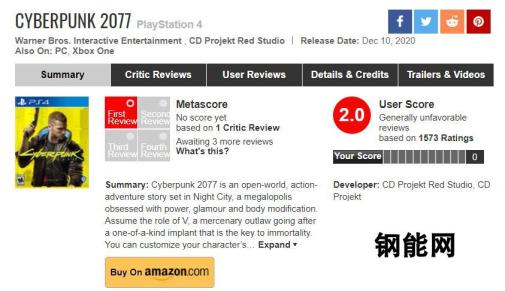 《赛博朋克2077》惨遭Metacrtic玩家低分轰炸