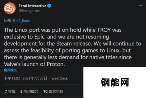 《全面战争传奇：特洛伊》原计划Linux移植版被取消